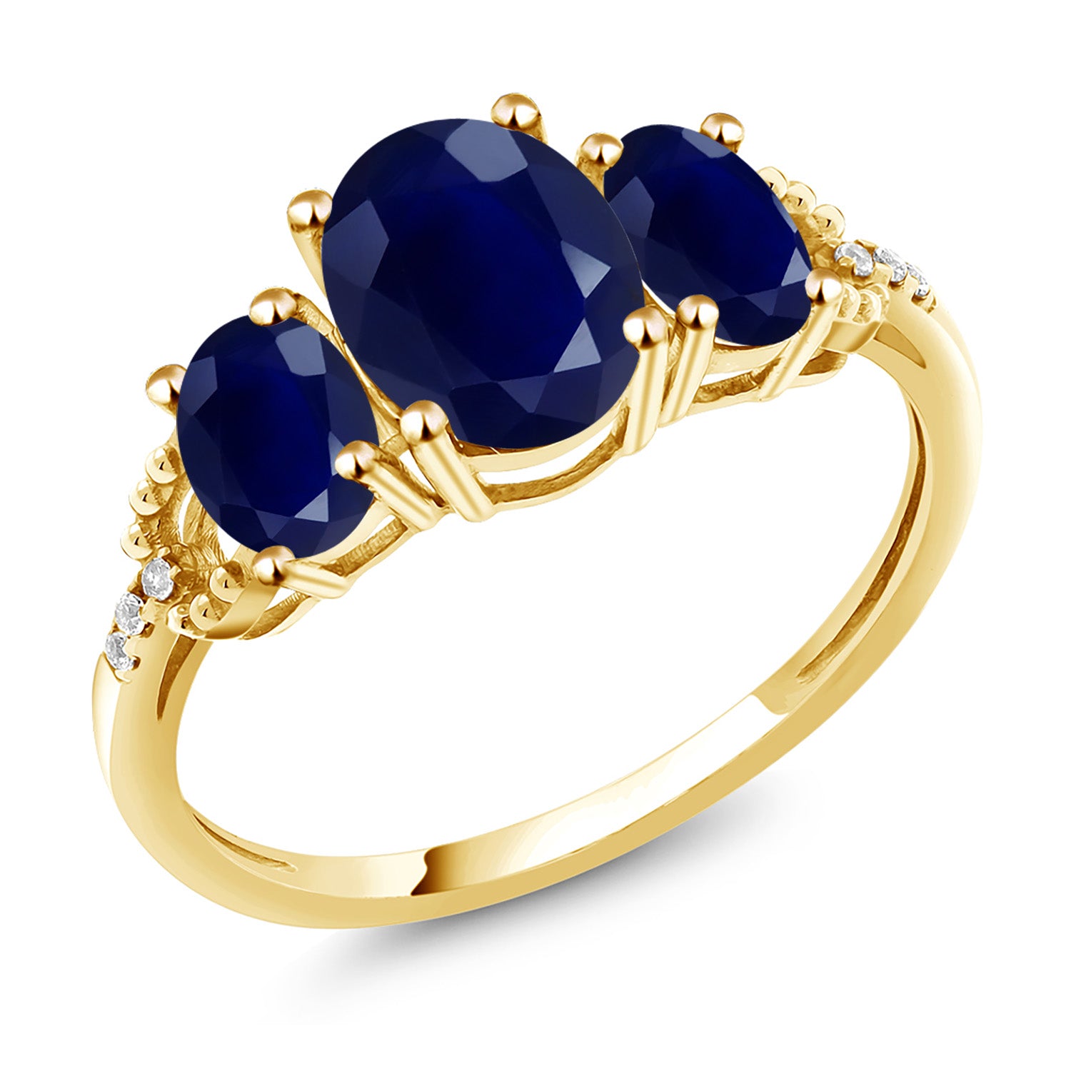 2.94 Cttw 10K Yellow Gold Blue Sapphire and Diamond 3-Stone Engagement Ring | Gemstone Birthstone | Three Stone Wedding Anniversary Promise Ring For Women