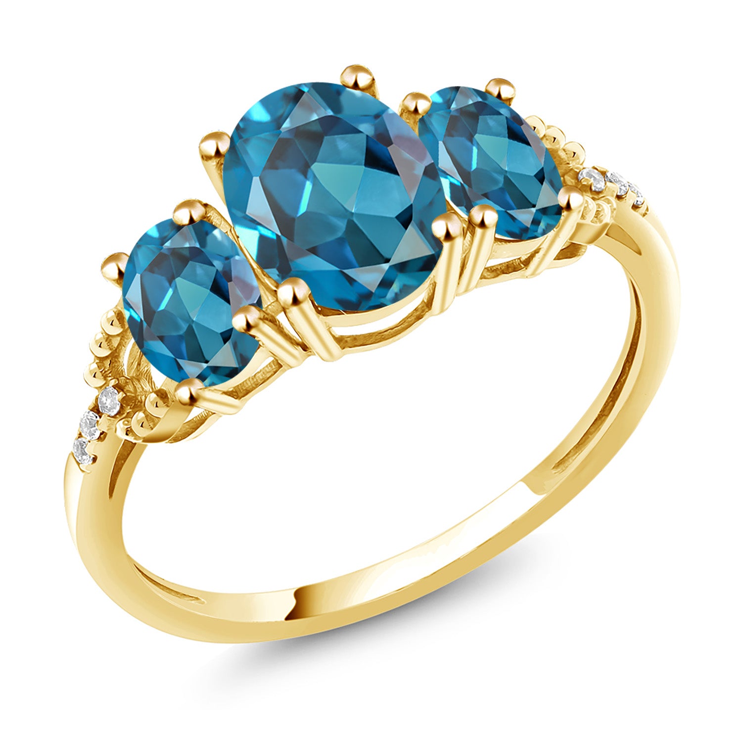 10K Yellow Gold London Blue Topaz and Diamond Accent 3-Stone Engagement Ring | 2.70 Cttw | Three Stone Wedding Anniversary Promise Ring For Women | Size 5-9.5