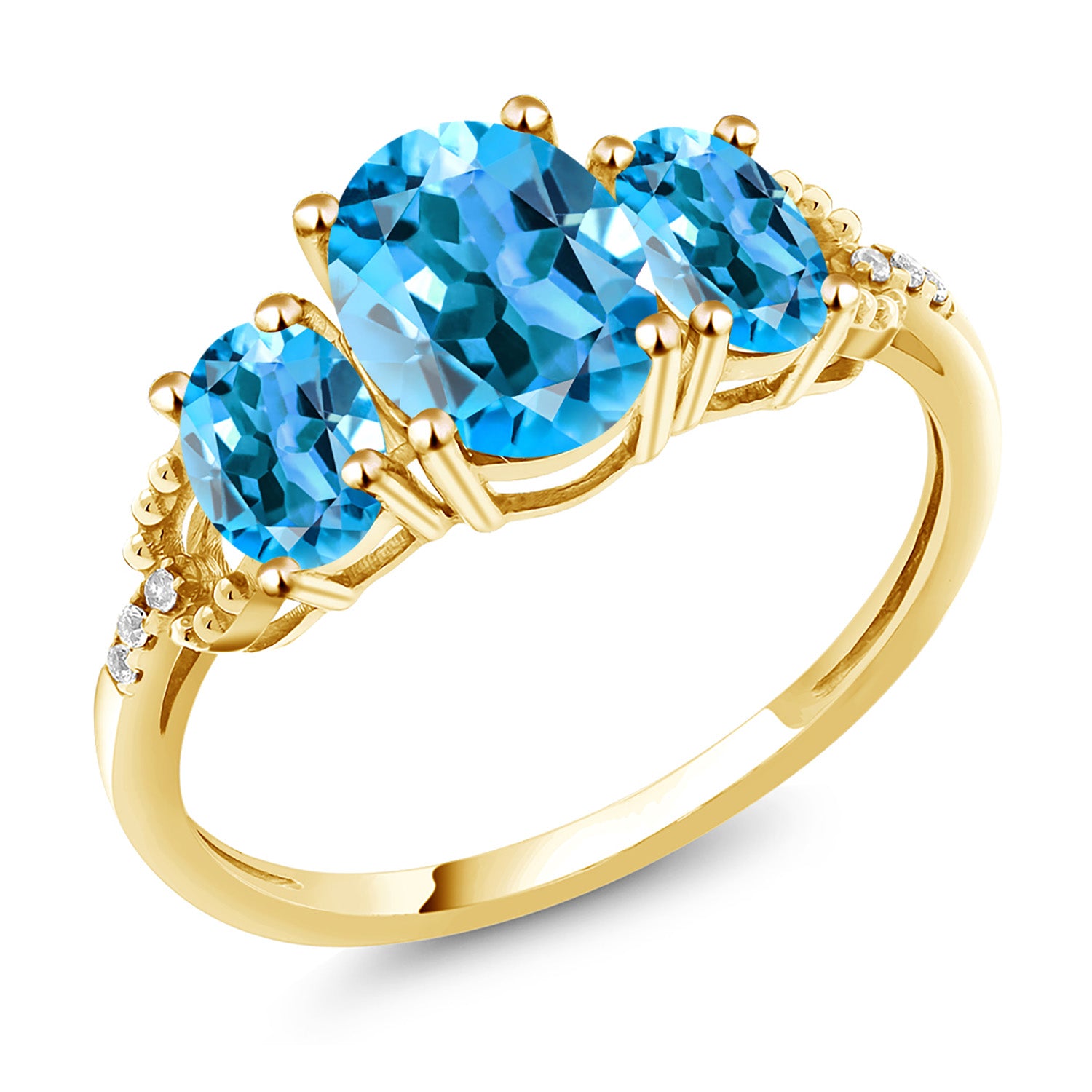 10K Yellow Gold Oval Swiss Blue Topaz 3 Stone Ring For Women (2.64 Cttw, Gemstone Birthstone)