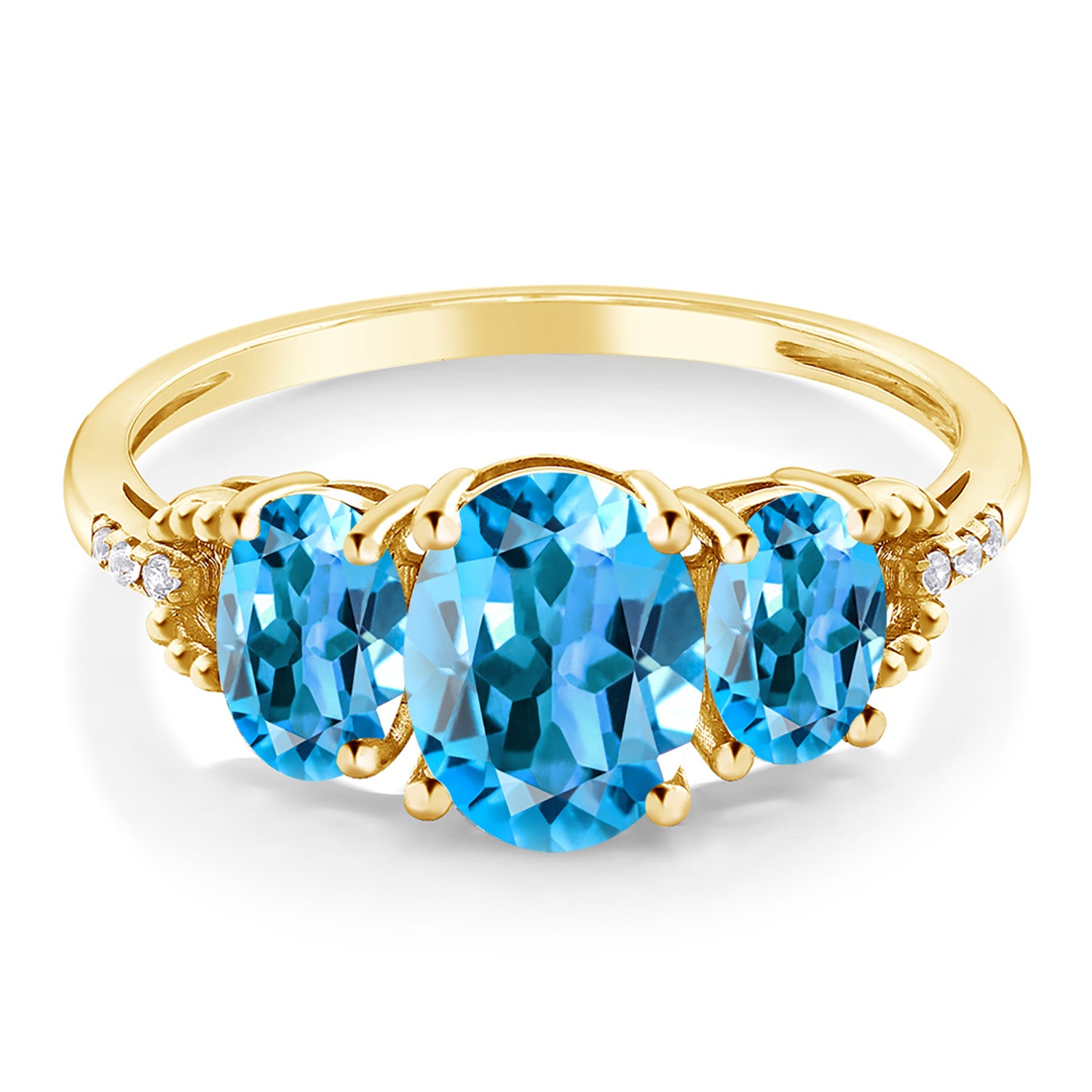 10K Yellow Gold Oval Swiss Blue Topaz 3 Stone Ring For Women (2.64 Cttw, Gemstone Birthstone)