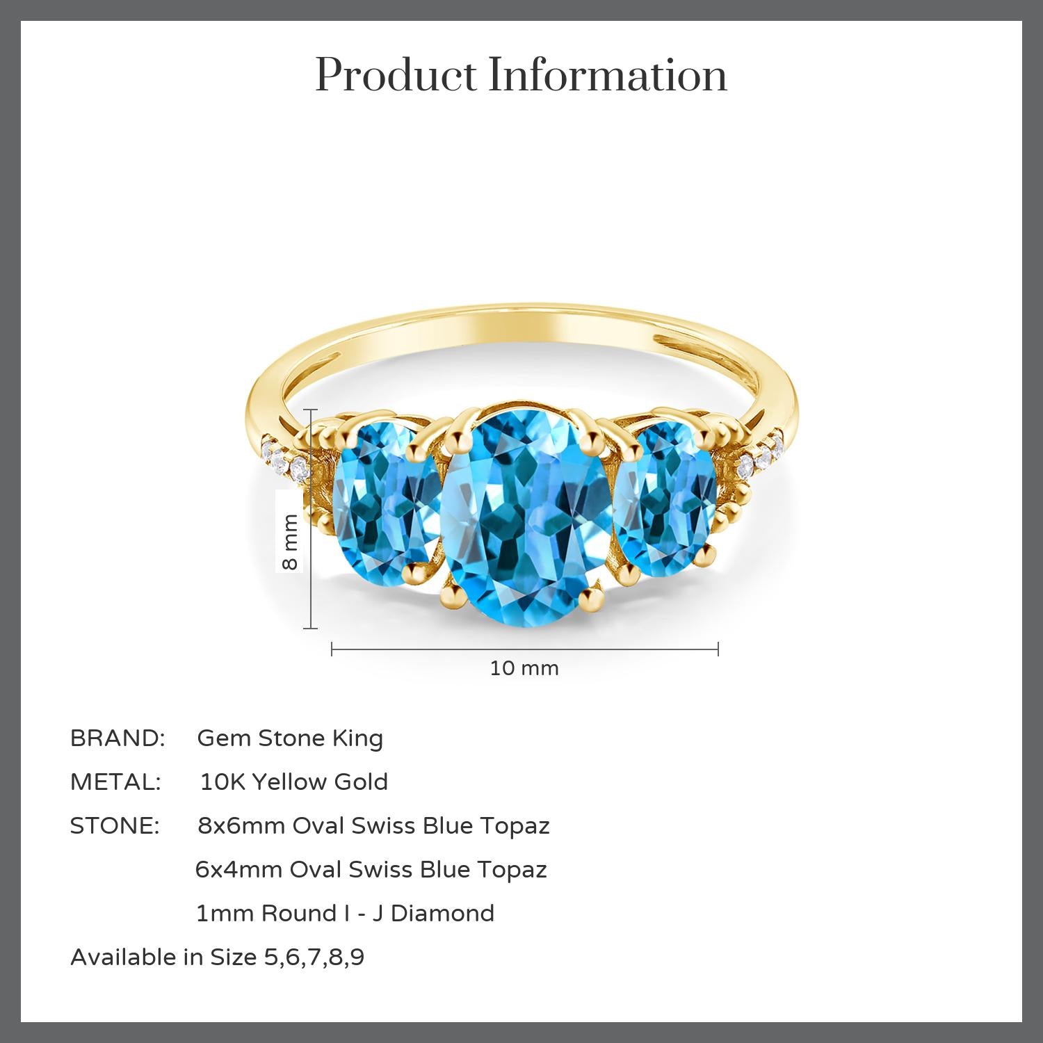 10K Yellow Gold Oval Swiss Blue Topaz 3 Stone Ring For Women (2.64 Cttw, Gemstone Birthstone)