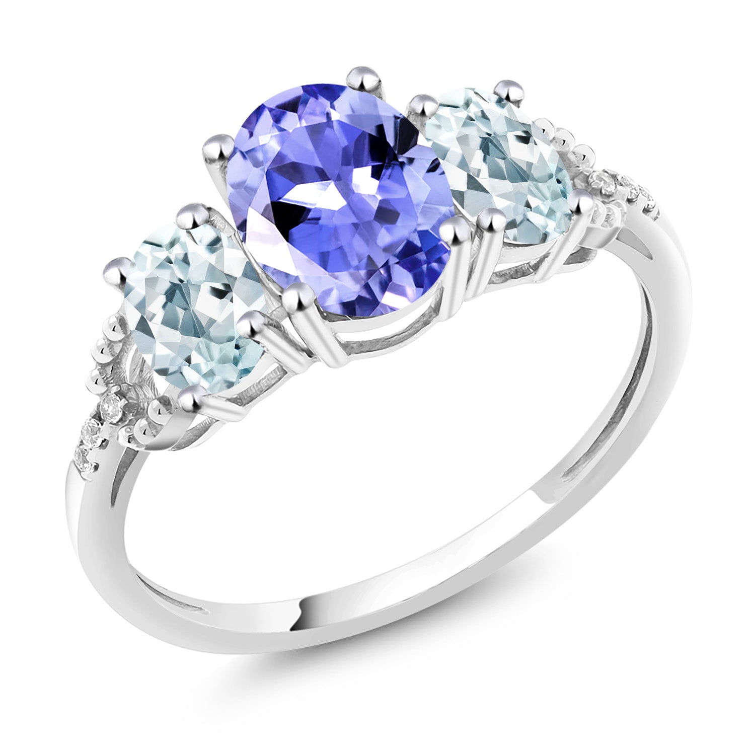 10K White Gold Blue Tanzanite Sky Blue Aquamarine & Diamond Accent 3-Stone Engagement Ring | 2.07 Cttw | Three Stone Wedding Engagement Anniversary Promise Ring For Women