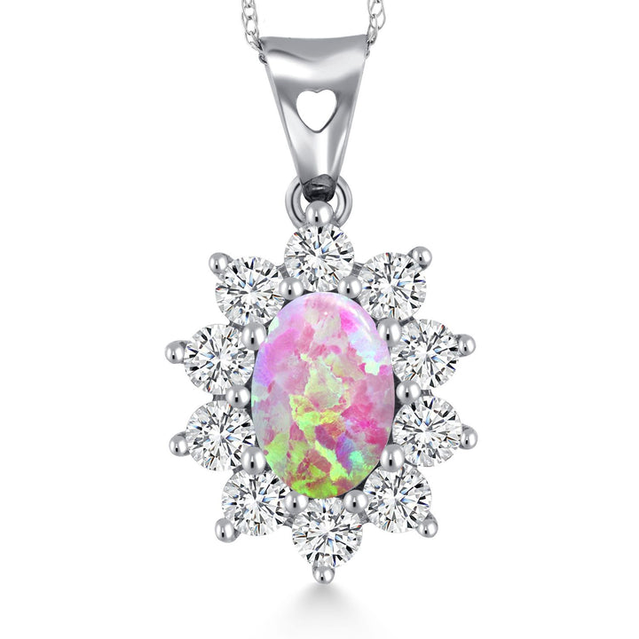 Pink Simulated Opal-Cabochon - October_Pendant in 10K White Gold