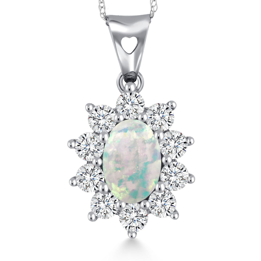 Gem Stone King Oval Halo Pendant Necklace for Women | 10K White Gold | Gemstone Birthstone and White Created Sapphire | Oval 7X5MM | White Gold Necklace | With 18 Inch Chain