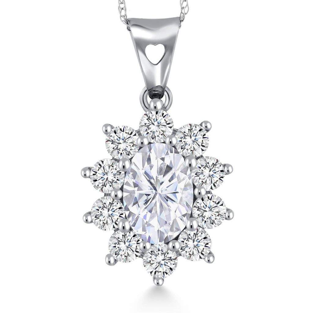 Gem Stone King Oval Halo Pendant Necklace for Women | 10K White Gold | Gemstone Birthstone and White Created Sapphire | Oval 7X5MM | White Gold Necklace | With 18 Inch Chain