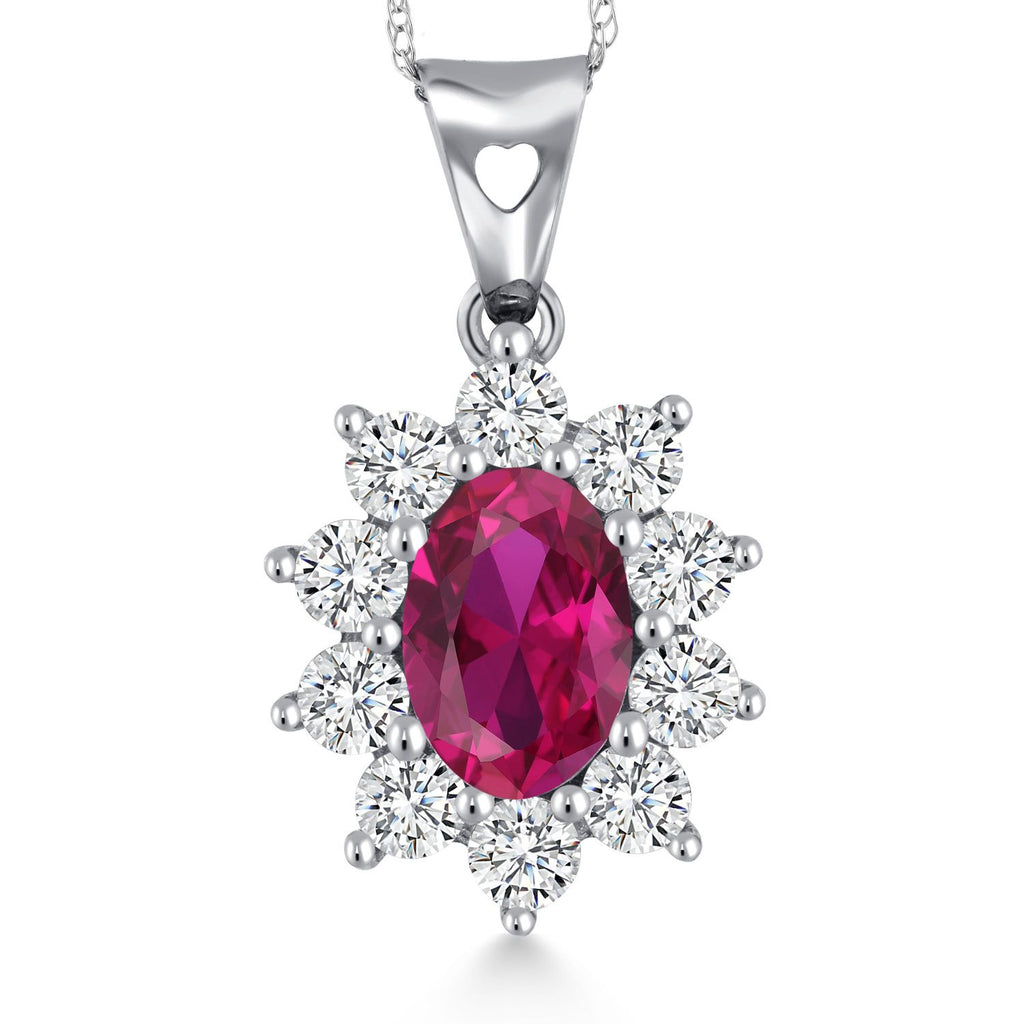 Gem Stone King Oval Halo Pendant Necklace for Women | 10K White Gold | Gemstone Birthstone and White Created Sapphire | Oval 7X5MM | White Gold Necklace | With 18 Inch Chain