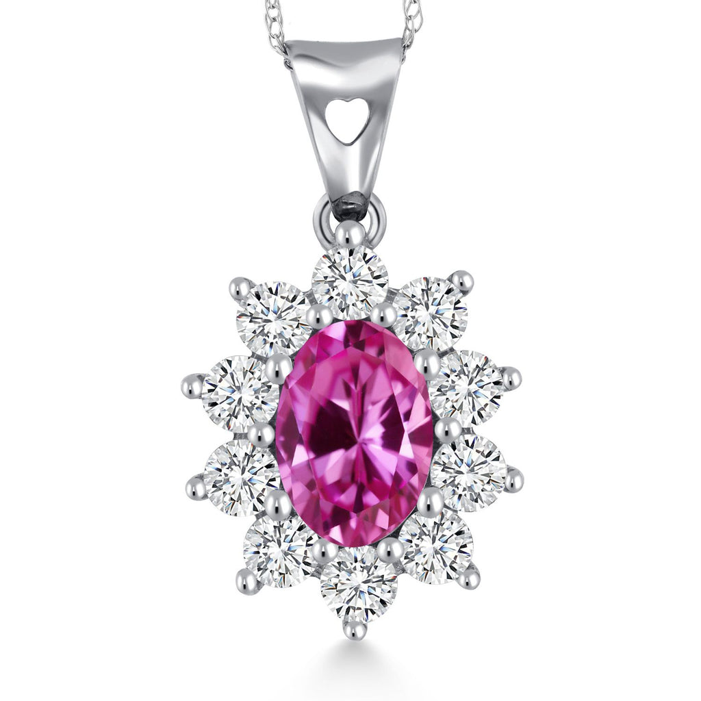 Gem Stone King Oval Halo Pendant Necklace for Women | 10K White Gold | Gemstone Birthstone and White Created Sapphire | Oval 7X5MM | White Gold Necklace | With 18 Inch Chain