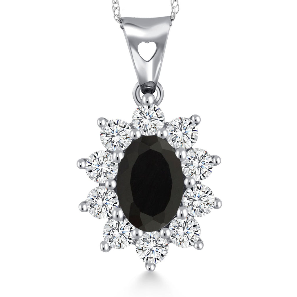 Gem Stone King Oval Halo Pendant Necklace for Women | 10K White Gold | Gemstone Birthstone and White Created Sapphire | Oval 7X5MM | White Gold Necklace | With 18 Inch Chain