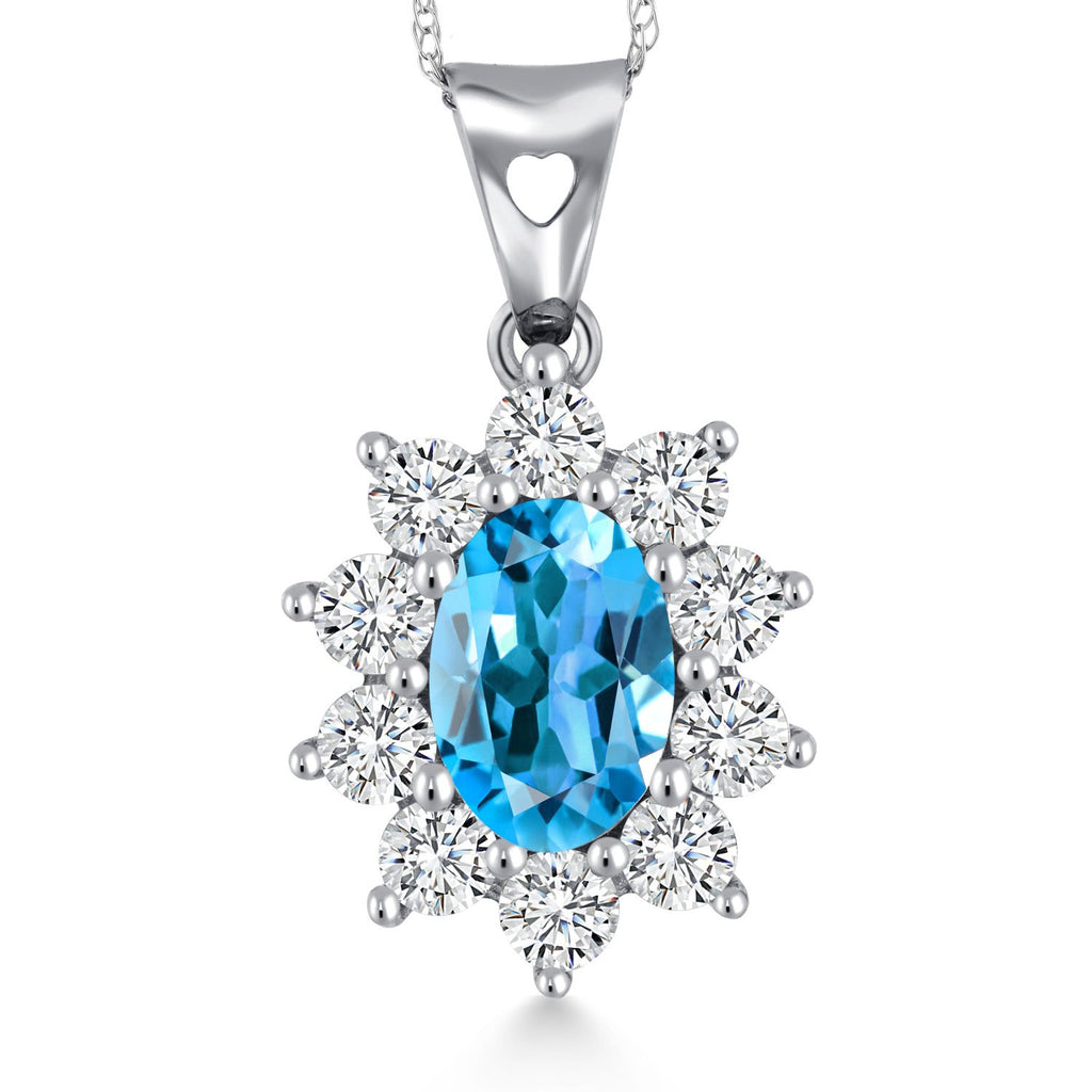 Gem Stone King Oval Halo Pendant Necklace for Women | 10K White Gold | Gemstone Birthstone and White Created Sapphire | Oval 7X5MM | White Gold Necklace | With 18 Inch Chain