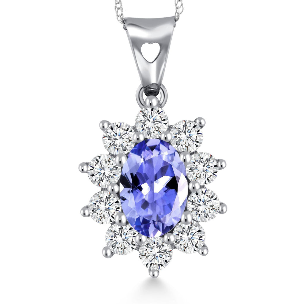 Gem Stone King Oval Halo Pendant Necklace for Women | 10K White Gold | Gemstone Birthstone and White Created Sapphire | Oval 7X5MM | White Gold Necklace | With 18 Inch Chain