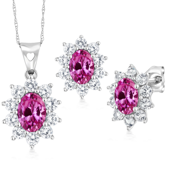 3.10 Ct Oval Pink Created Sapphire 10K White Gold Pendant and Earrings Jewelry Set