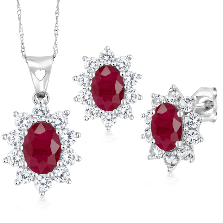 10K White Gold Red Ruby Pendant and Earrings Jewelry Set For Women (3.42 Cttw, Gemstone Birthstone, Oval 7X5MM and 6X4MM)