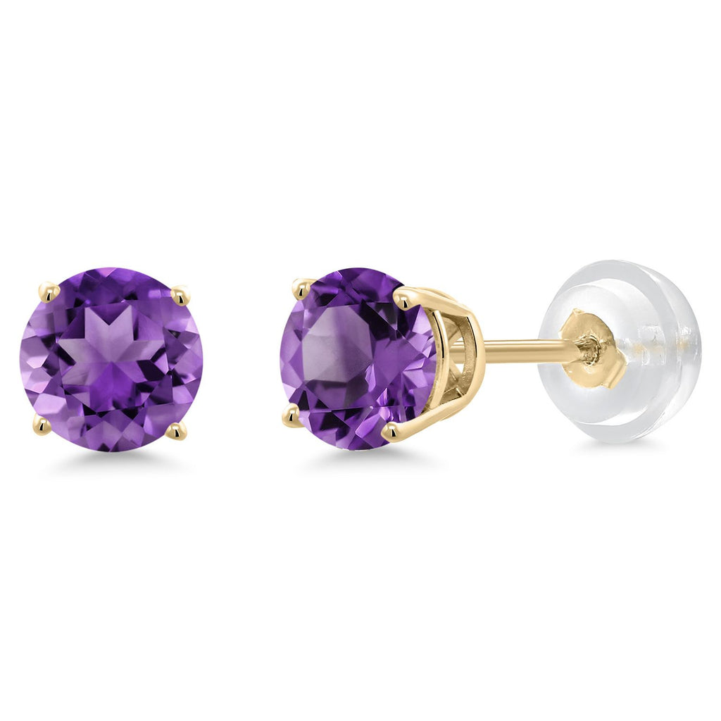Gem Stone King 14K Yellow Gold Purple Amethyst Stud Earrings For Women Men (0.90 Cttw, Gemstone Birthstone, Round 5MM)