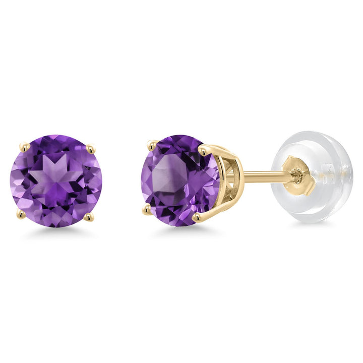 Gem Stone King 14K Yellow Gold Purple Amethyst Stud Earrings For Women Men (0.90 Cttw, Gemstone Birthstone, Round 5MM)
