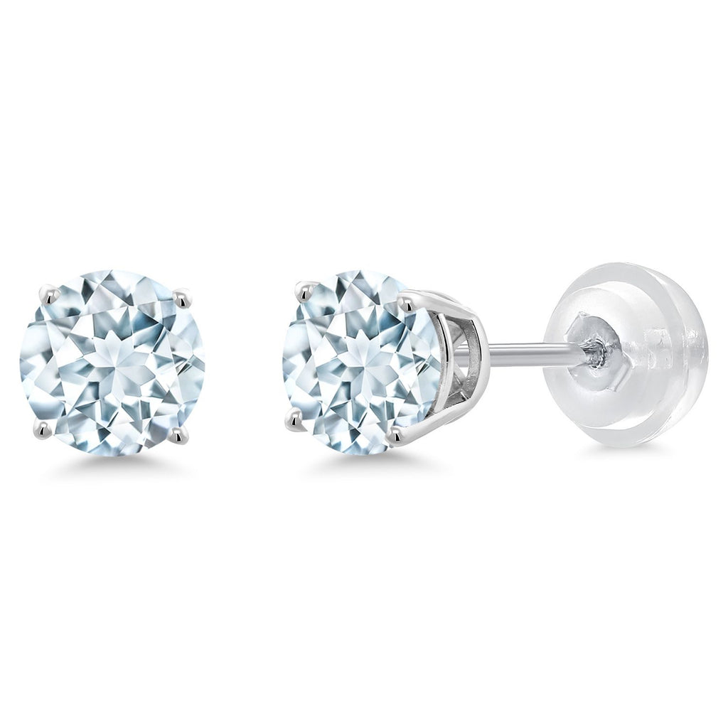 14K White Gold Round 5MM Gemstone Birthstone Stud Earrings | White Gold Earrings For Women Men