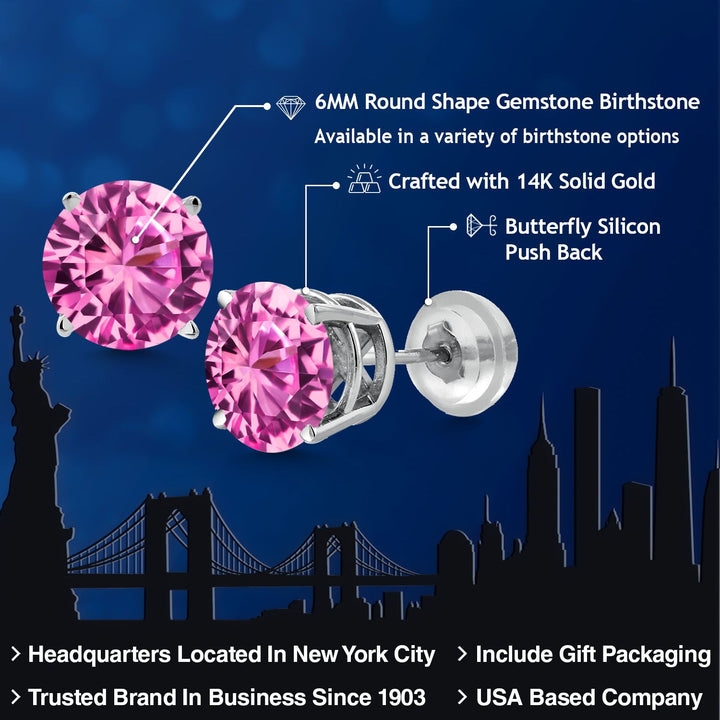 14K White Gold Pink Created Sapphire Stud Earrings | 2.00 Cttw | Round 6MM | Gold Earrings For Women Men