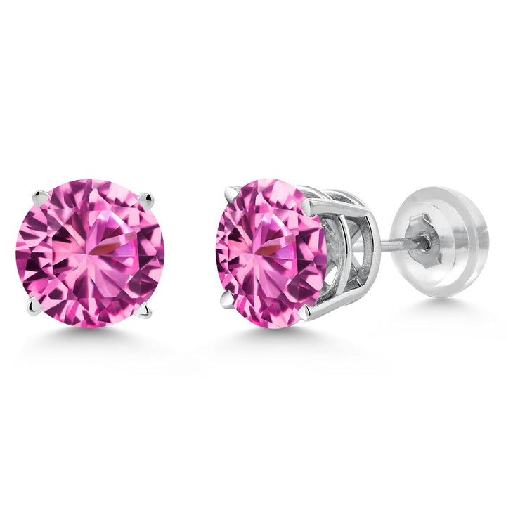 14K White Gold Pink Created Sapphire Stud Earrings | 2.00 Cttw | Round 6MM | Gold Earrings For Women Men