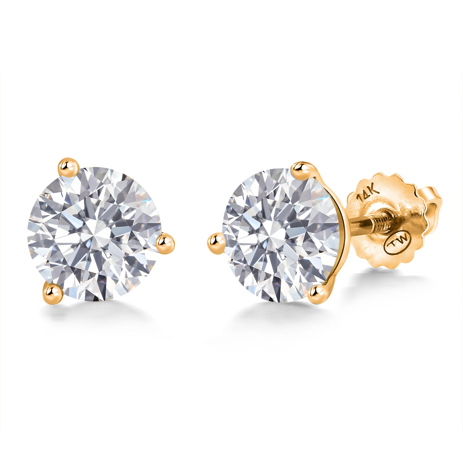 2 Cttw 14K Yellow Gold IGI Certified Lab Grown Diamond 3 Prong Martini Screw Back Stud Earrings For Women Men | Each 1 Ct Round 6.5MM | F-G Color | VS1 Clarity