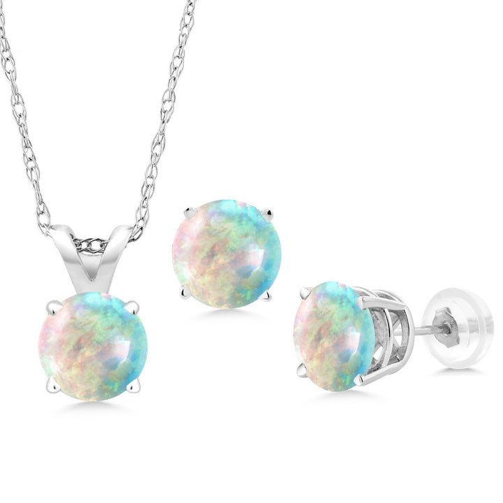 White Opal-Cabochon - October_Pendant Earrings Set in 14K White Gold