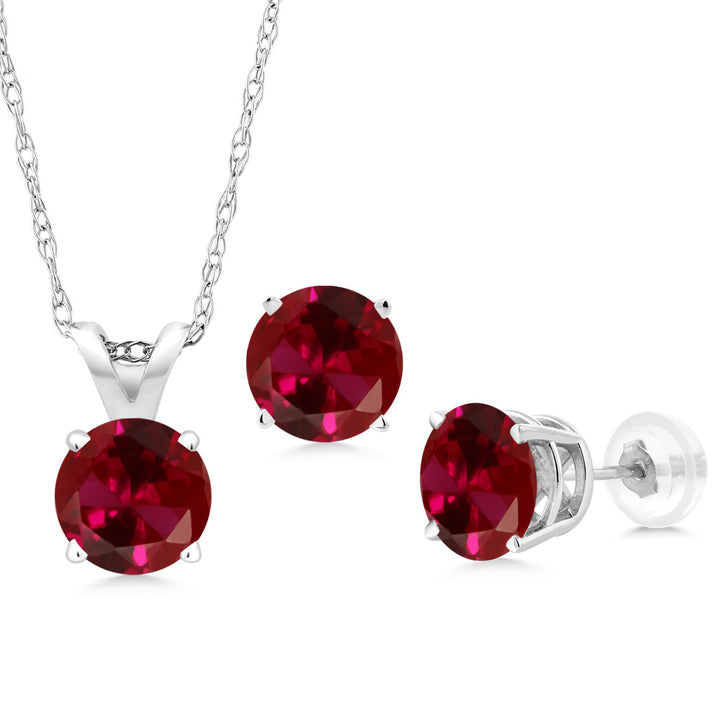 Created Ruby - July_Pendant Earrings Set in 14K White Gold