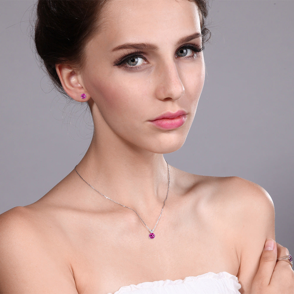 Pink Created Sapphire - September_Pendant Earrings Set in 14K White Gold