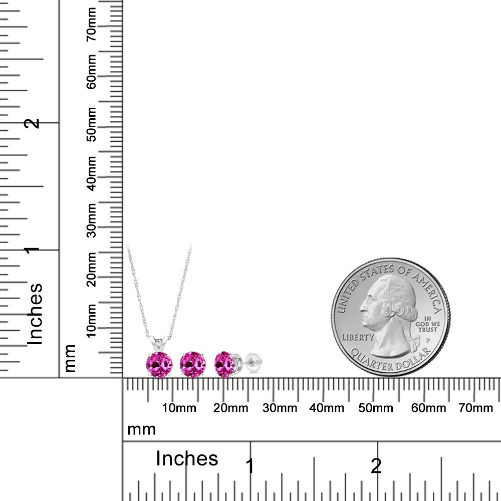Pink Created Sapphire - September_Pendant Earrings Set in 14K White Gold