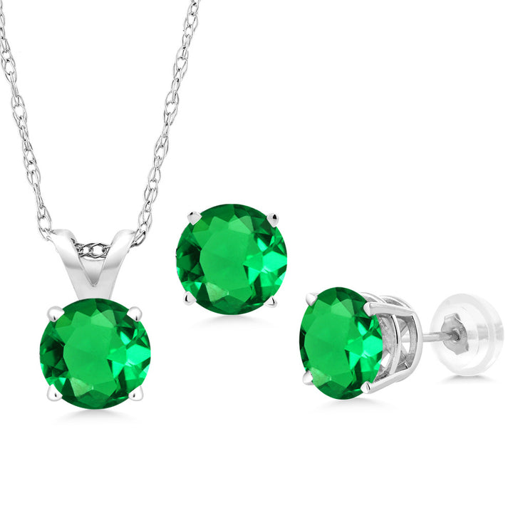 Nano Emerald - May_Pendant Earrings Set in 14K White Gold