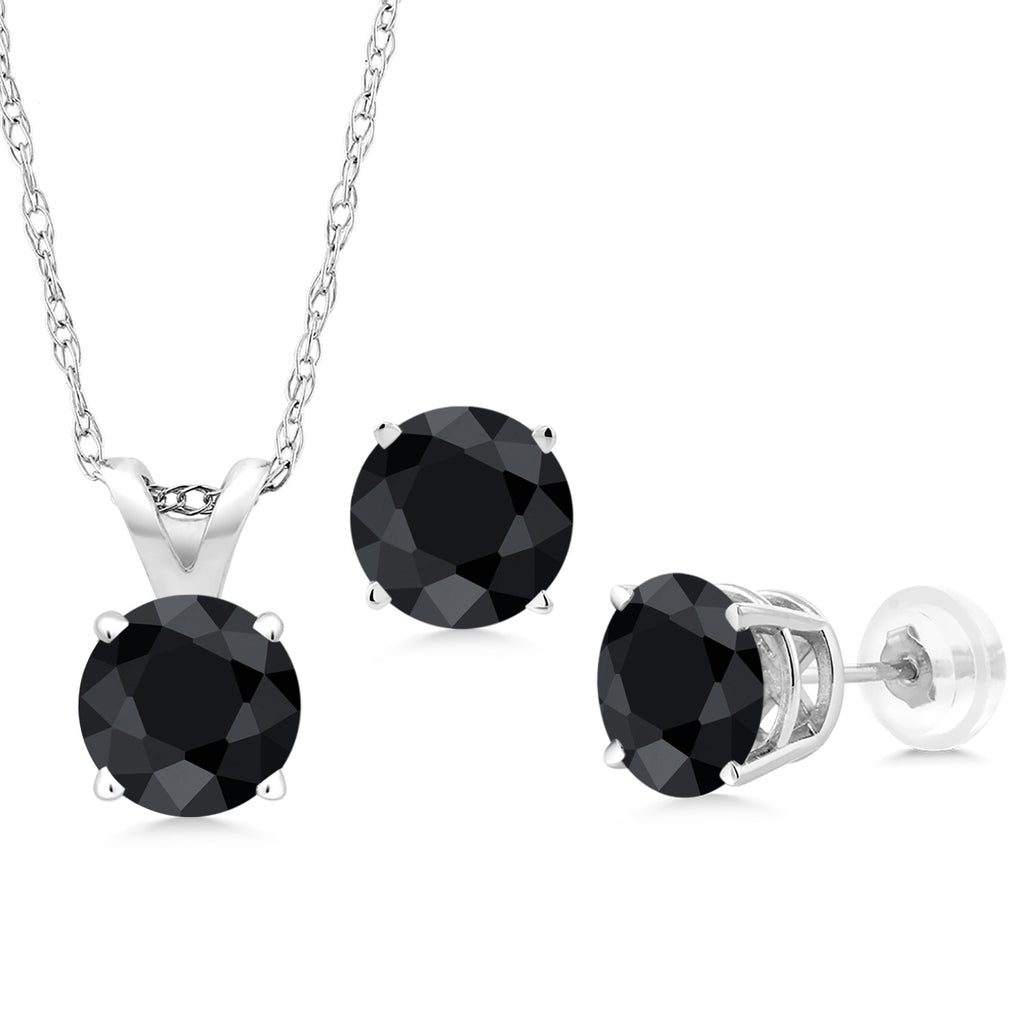 Black Sapphire - September_Pendant Earrings Set in 14K White Gold