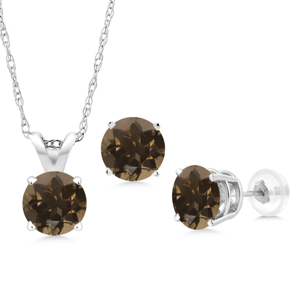 Smoky Quartz_Pendant Earrings Set in 14K White Gold