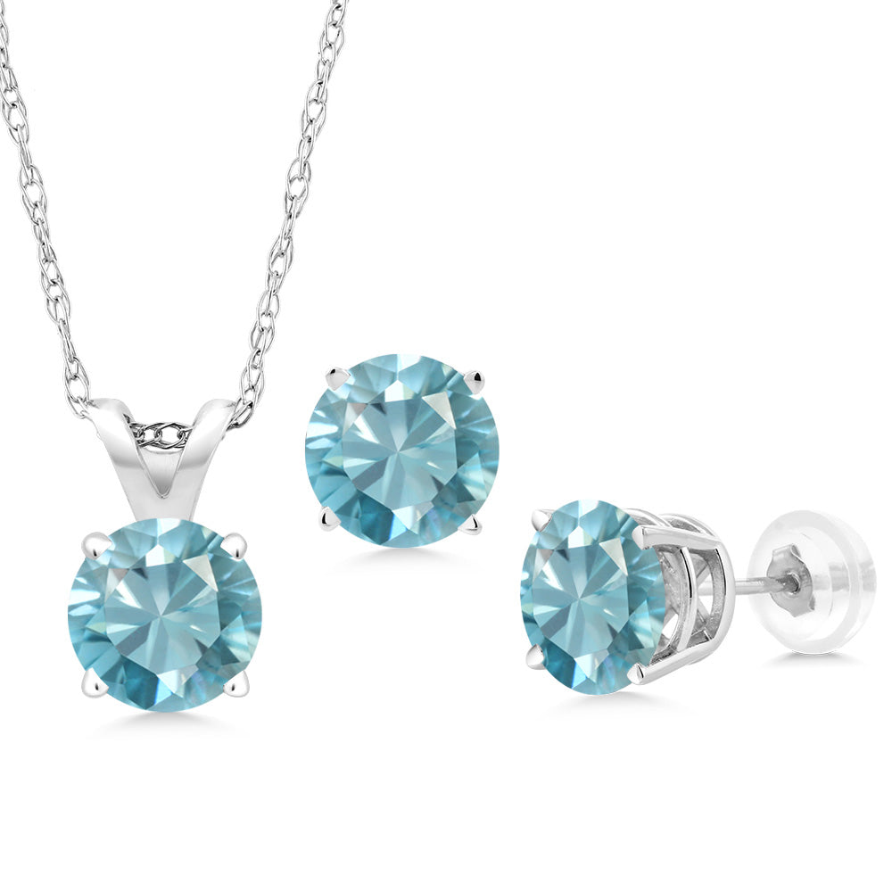 Blue Zircon_Pendant Earrings Set in 14K White Gold