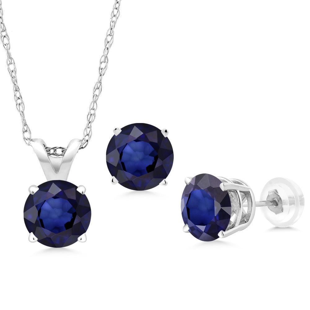 1.50 Cttw Round Blue Sapphire 14K White Gold Pendant Earrings Set For Women | Gemstone Birthstone | Round 5MM | With 18 Inch Gold Chain