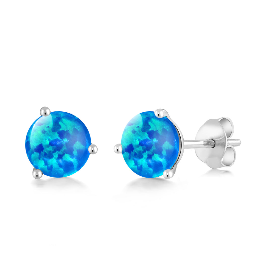Blue Simulated Opal-Cabochon - October_Earrings in 18K White Gold