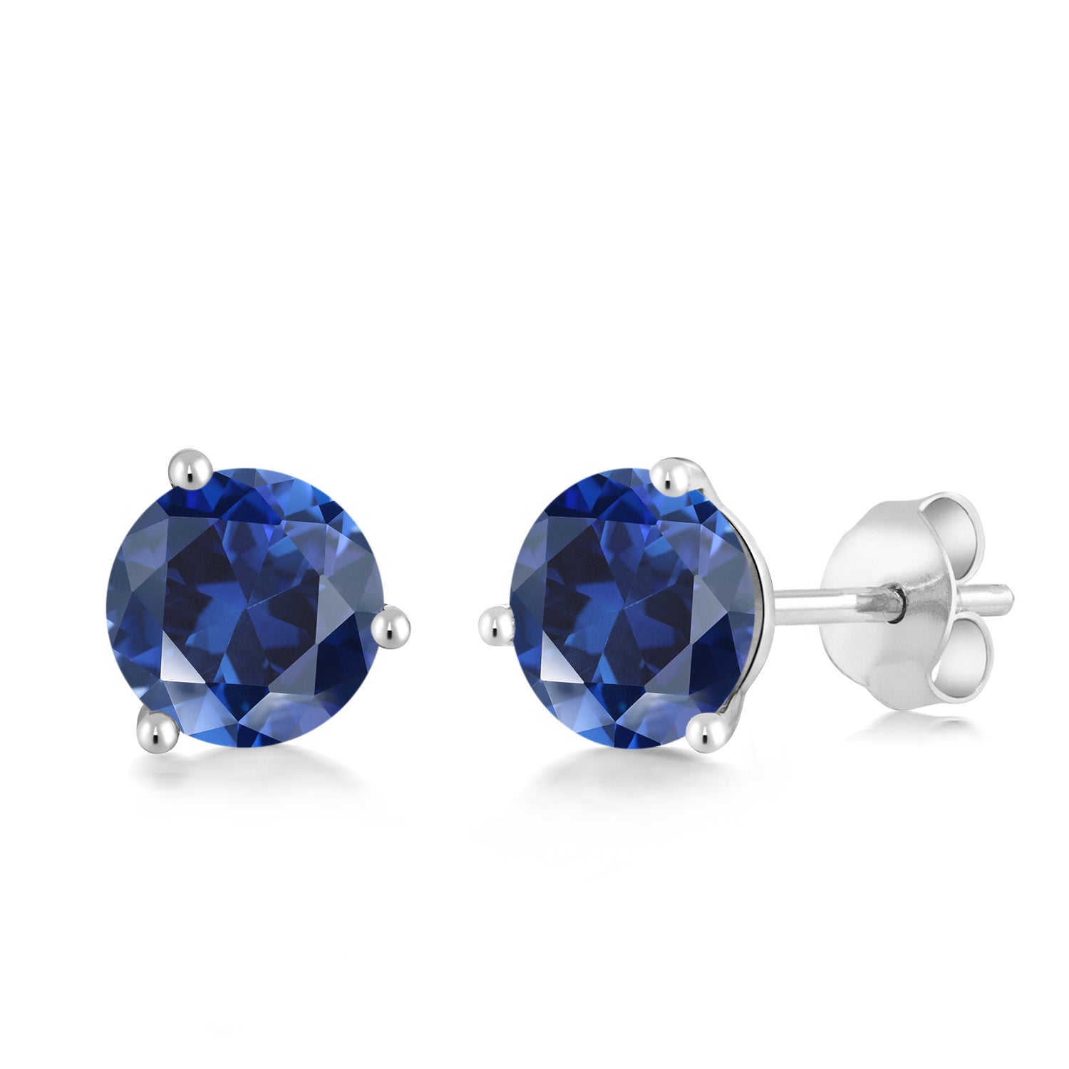 18K White Gold Blue Created Sapphire 3-Prong Stud Earrings For Women Men (1.20 Cttw, Gemstone September Birthstone, Round 5MM)