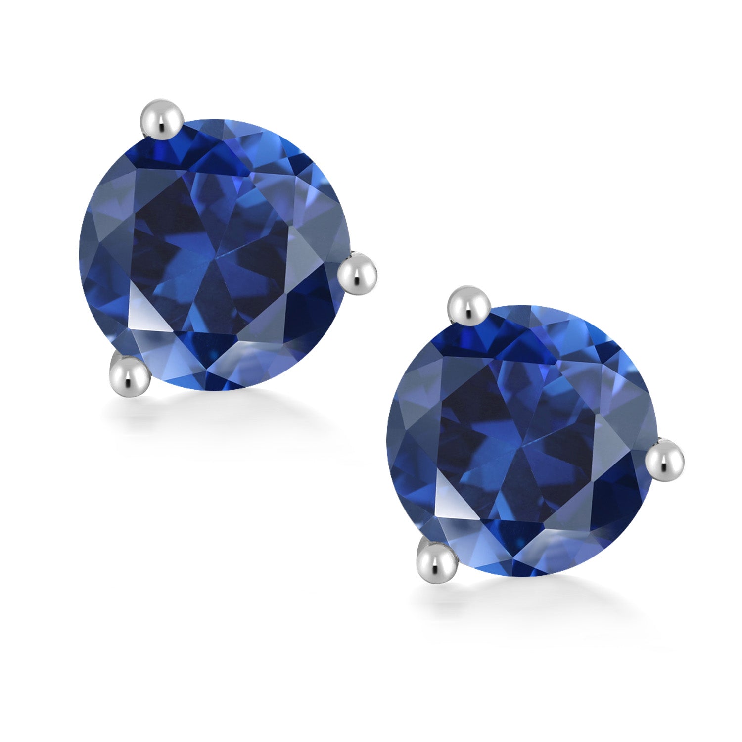 18K White Gold Blue Created Sapphire 3-Prong Stud Earrings For Women Men (1.20 Cttw, Gemstone September Birthstone, Round 5MM)