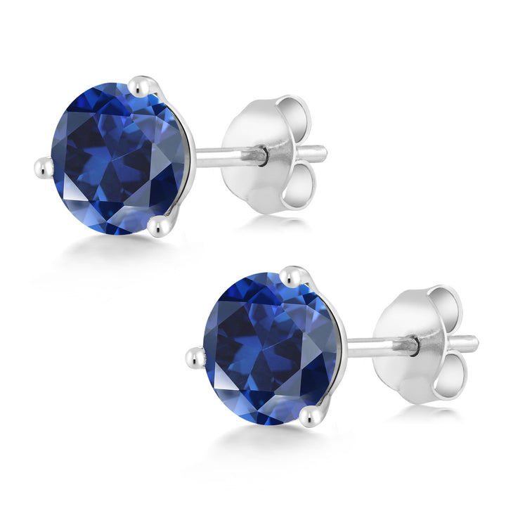 18K White Gold Blue Created Sapphire 3-Prong Stud Earrings For Women Men (1.20 Cttw, Gemstone September Birthstone, Round 5MM)