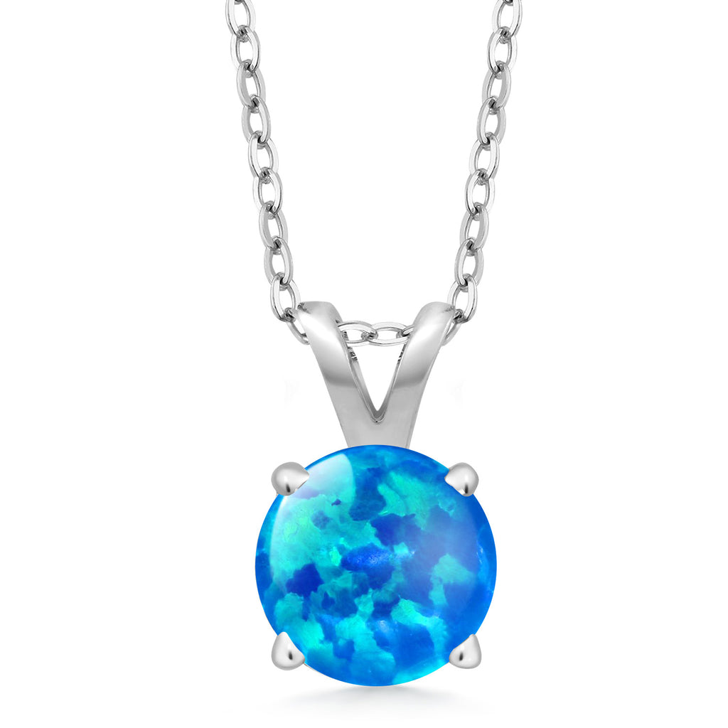 Blue Simulated Opal - October_Pendant in 925 Sterling Silver