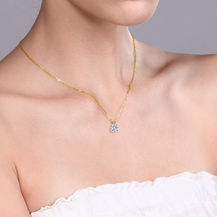 18K Yellow Gold Plated Silver E - F Lab Grown Diamond Pendant Necklace for Women | 0.74 Cttw | Gemstone April Birthstone | Round 6MM | With 18 Inch Chain