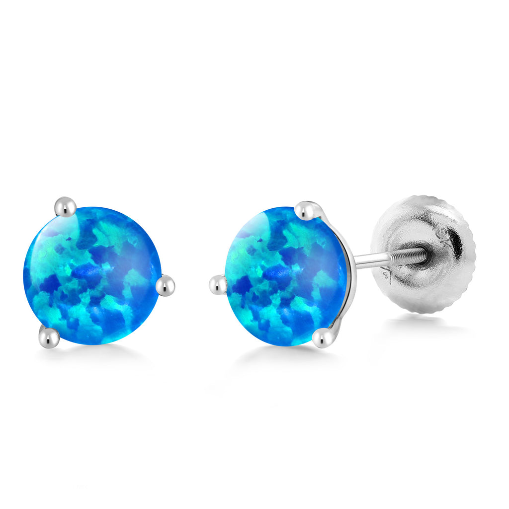 Blue Opal - October_18K White Gold 5MM Round Gemstone Birthstone 3 Prong Martini Screw Back Stud Earrings | Gold Earrings For Women Men