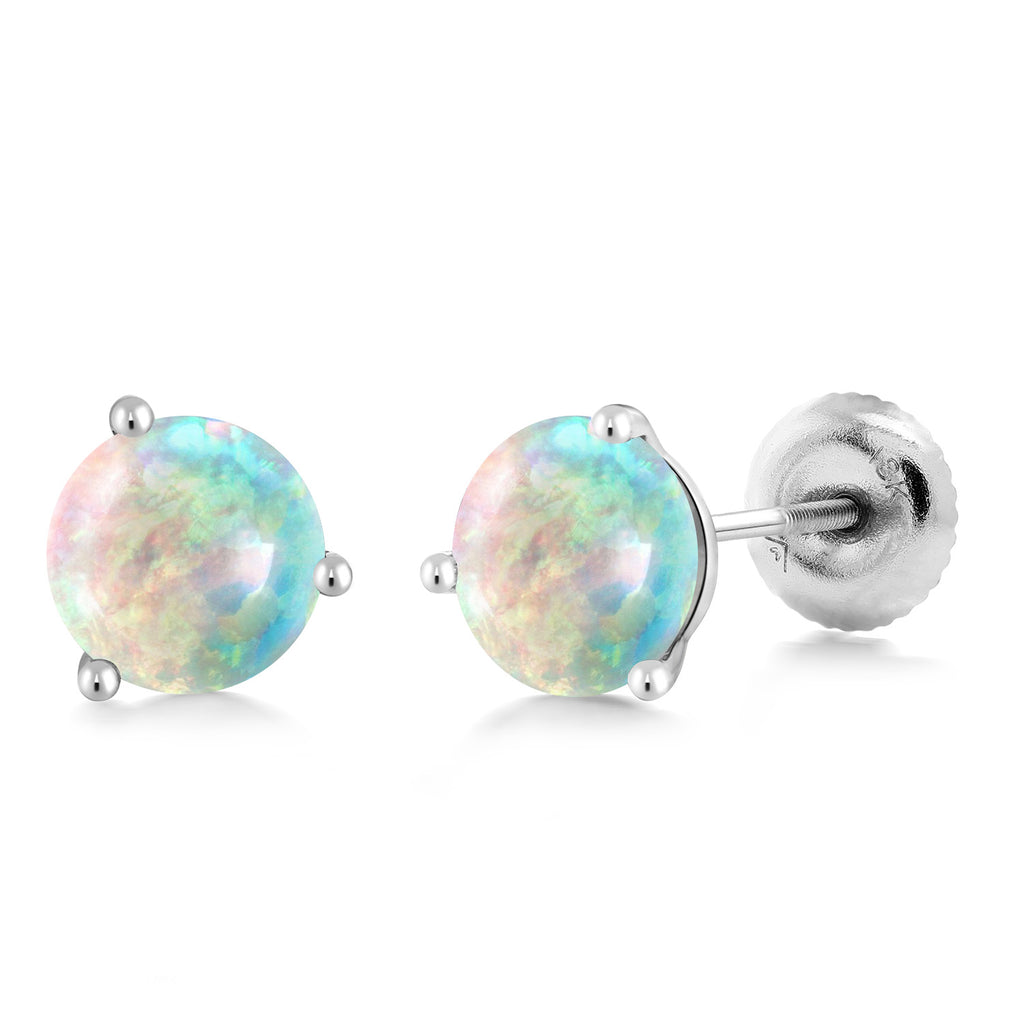 White Opal - October_18K White Gold 5MM Round Gemstone Birthstone 3 Prong Martini Screw Back Stud Earrings | Gold Earrings For Women Men