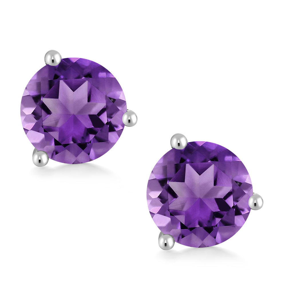 Amethyst - February_18K White Gold 5MM Round Gemstone Birthstone 3 Prong Martini Screw Back Stud Earrings | Gold Earrings For Women Men