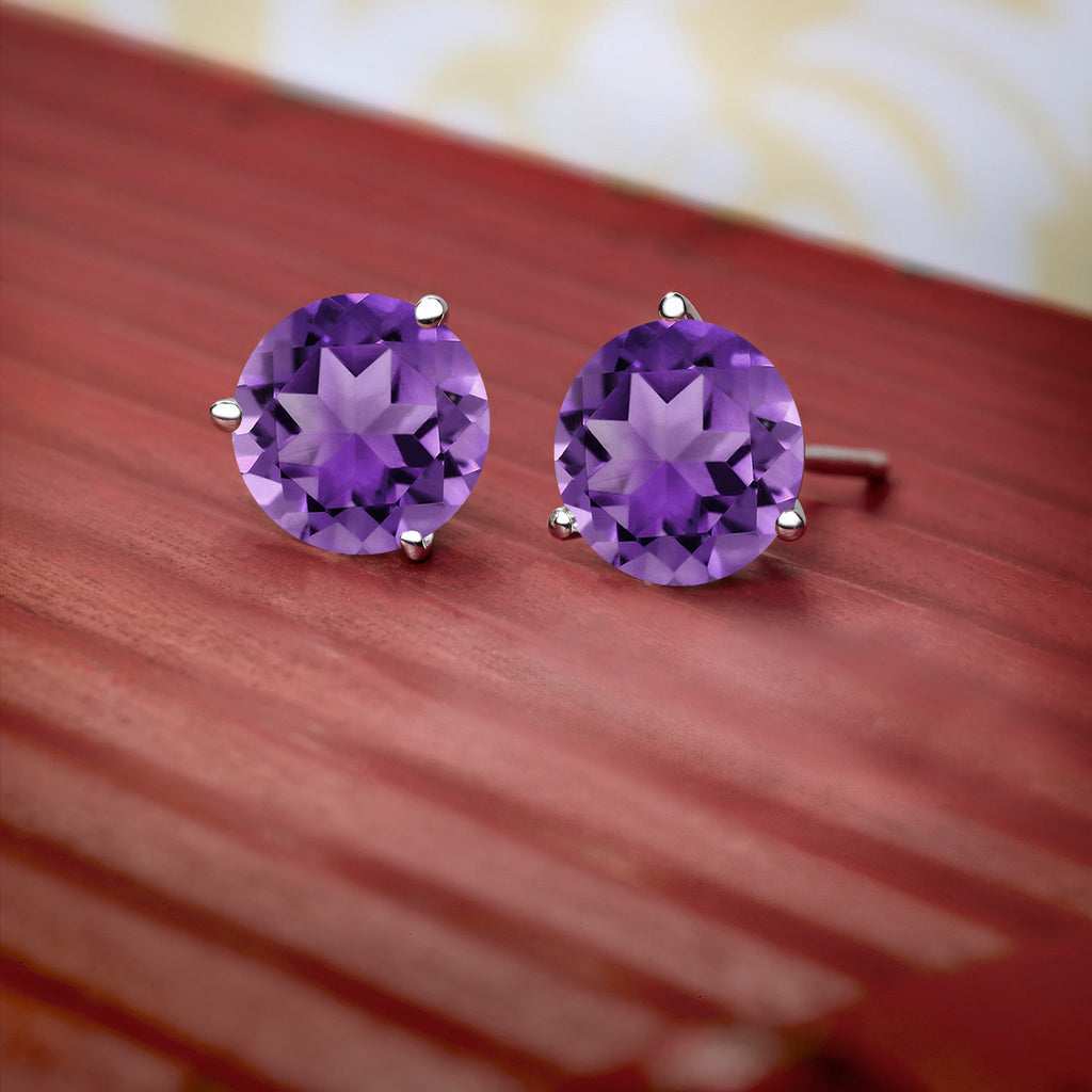 Amethyst - February_18K White Gold 5MM Round Gemstone Birthstone 3 Prong Martini Screw Back Stud Earrings | Gold Earrings For Women Men