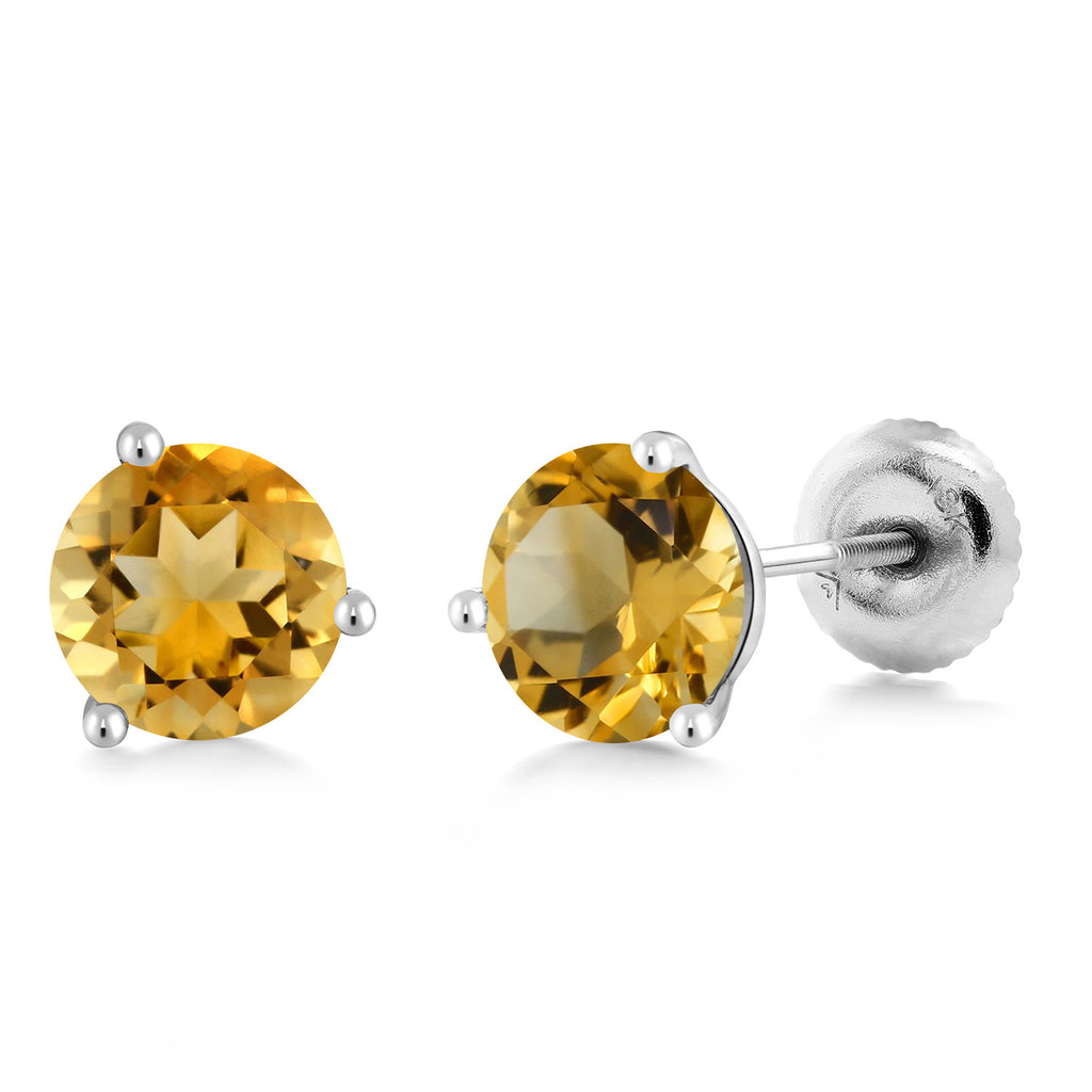 Citrine - November_18K White Gold 5MM Round Gemstone Birthstone 3 Prong Martini Screw Back Stud Earrings | Gold Earrings For Women Men