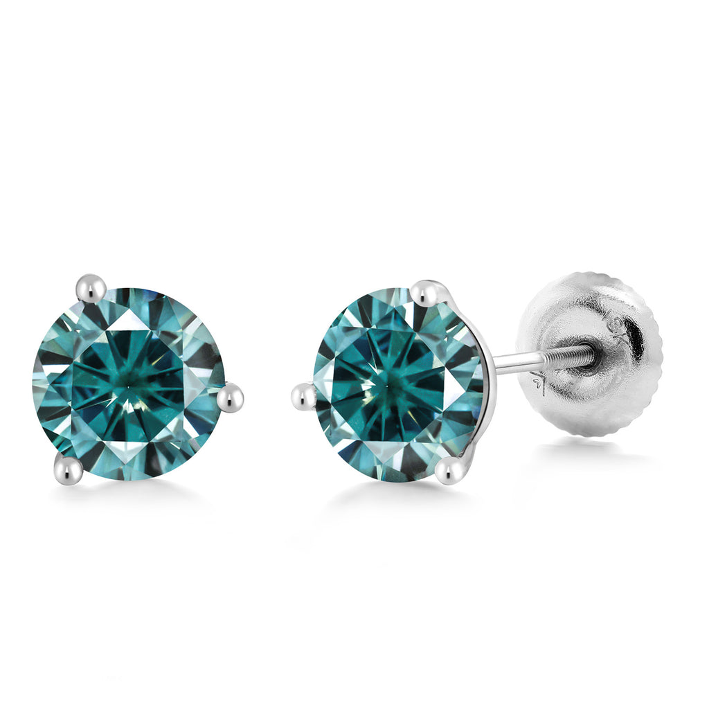 Blue Moissanite - April_18K White Gold 5MM Round Gemstone Birthstone 3 Prong Martini Screw Back Stud Earrings | Gold Earrings For Women Men