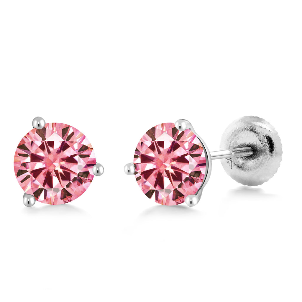 Pink Moissanite - April_18K White Gold 5MM Round Gemstone Birthstone 3 Prong Martini Screw Back Stud Earrings | Gold Earrings For Women Men