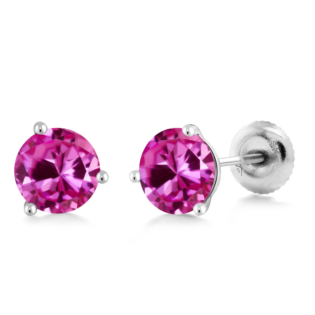 Pink Created Sapphire - September_18K White Gold 5MM Round Gemstone Birthstone 3 Prong Martini Screw Back Stud Earrings | Gold Earrings For Women Men