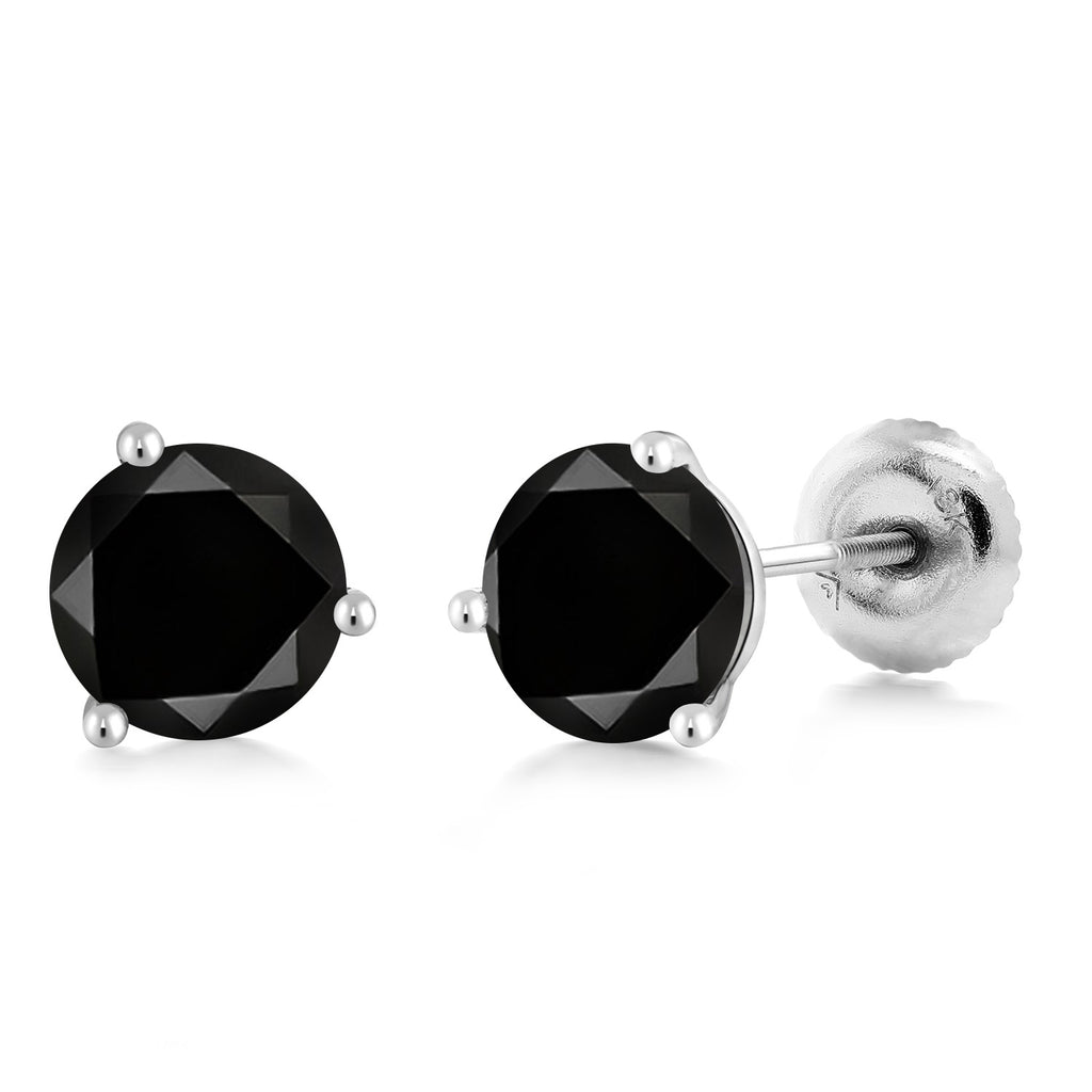 Black Diamond - April_18K White Gold 5MM Round Gemstone Birthstone 3 Prong Martini Screw Back Stud Earrings | Gold Earrings For Women Men