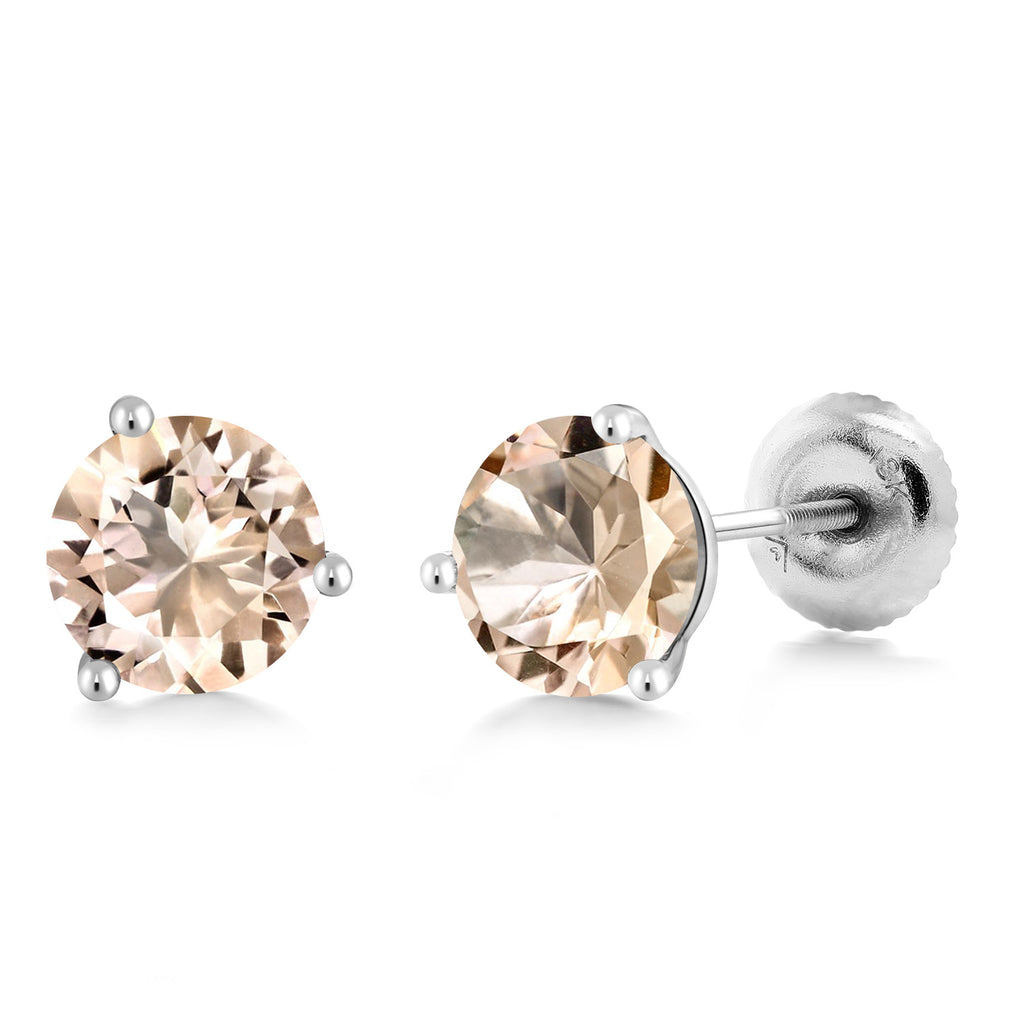 Morganite - October_18K White Gold 5MM Round Gemstone Birthstone 3 Prong Martini Screw Back Stud Earrings | Gold Earrings For Women Men