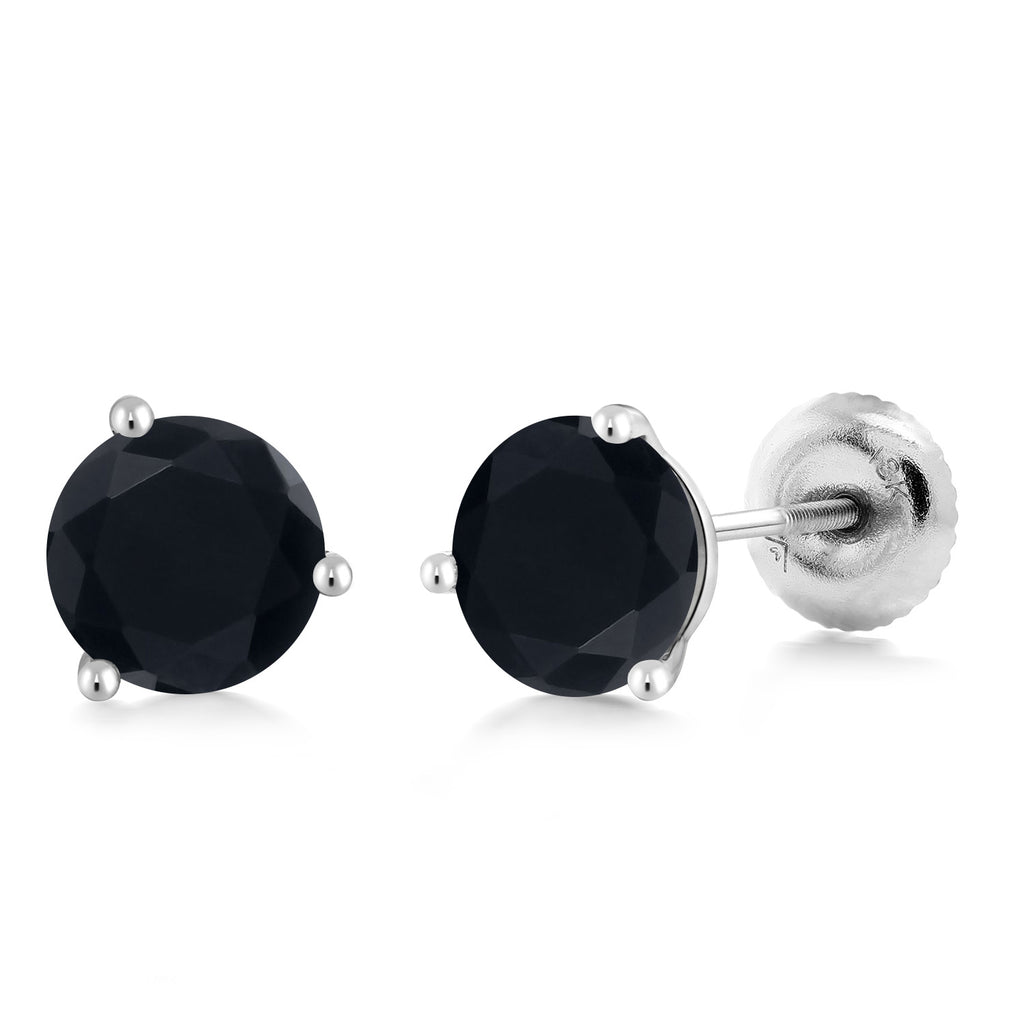 Onyx - December_18K White Gold 5MM Round Gemstone Birthstone 3 Prong Martini Screw Back Stud Earrings | Gold Earrings For Women Men
