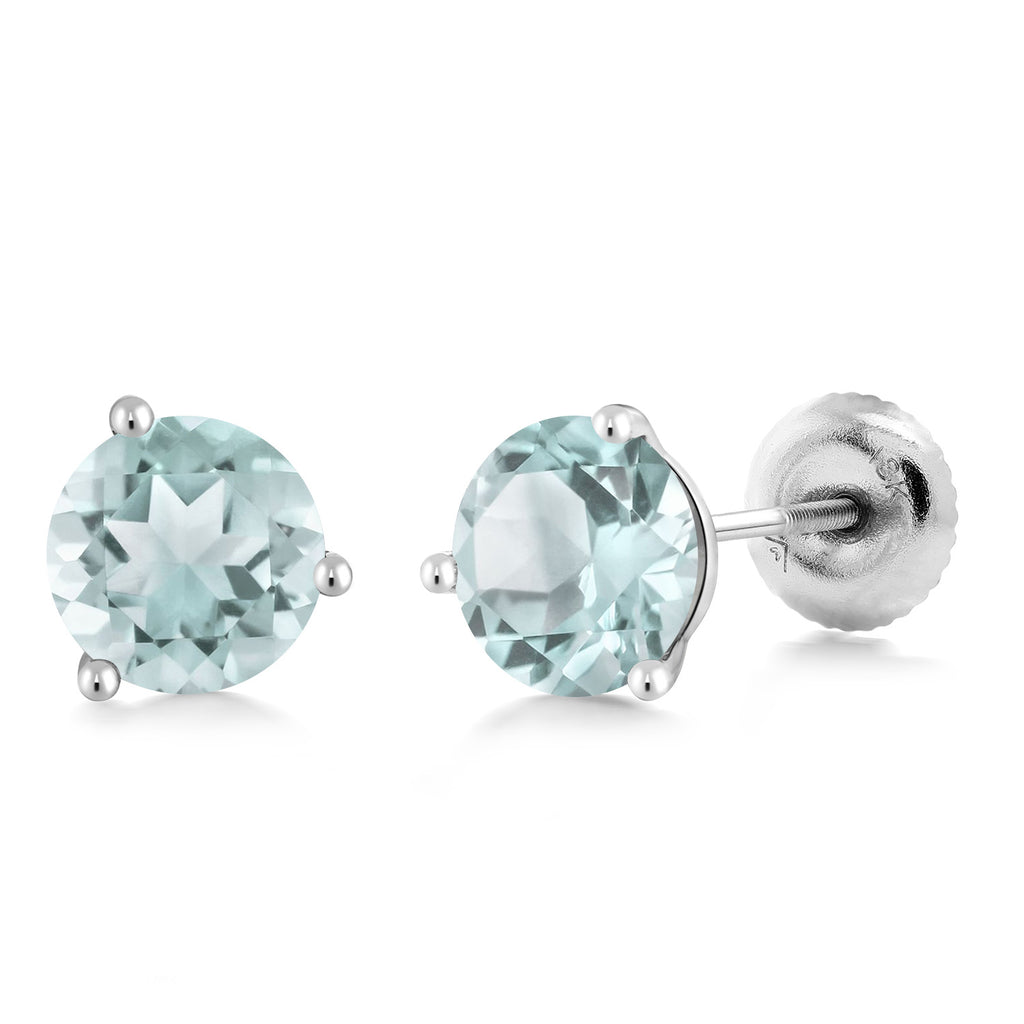 Sky Blue Topaz - November_18K White Gold 5MM Round Gemstone Birthstone 3 Prong Martini Screw Back Stud Earrings | Gold Earrings For Women Men