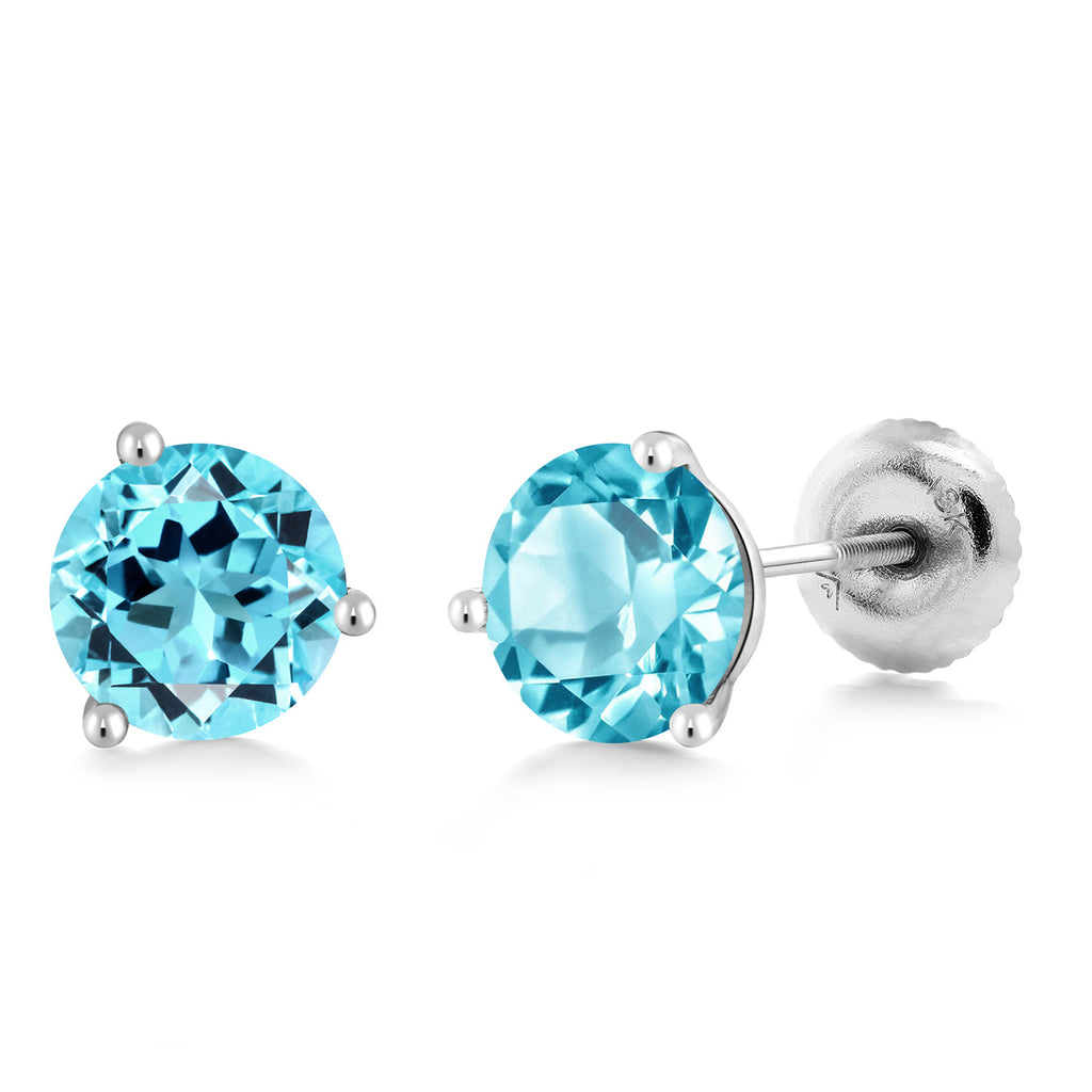 Swiss Blue Topaz - November_18K White Gold 5MM Round Gemstone Birthstone 3 Prong Martini Screw Back Stud Earrings | Gold Earrings For Women Men